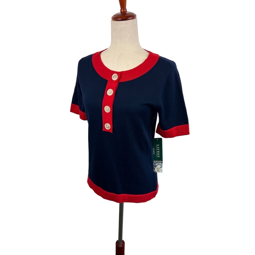 USA Lauren Ralph Lauren Knit Top Sailor Short Sleeve‎ Red White Blue Size Medium